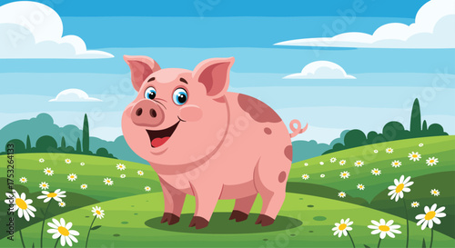 A cheerful pink pig stands in a field of daisies under a blue sky.