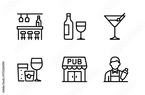 Outline icons of bar and pub elements including glasses, bottles, and bartender in a minimalistic style