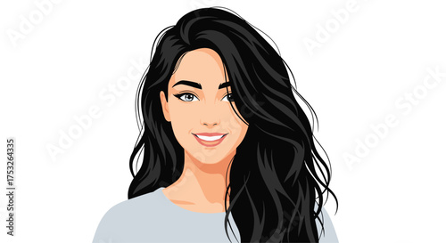 Portrait of a young woman with long dark wavy hair and a slight smile.