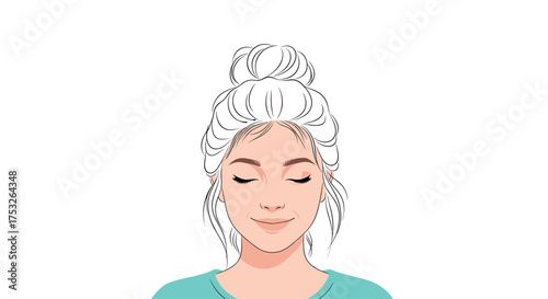 A gentle young woman with her eyes closed looking down with a soft smile on her face.
