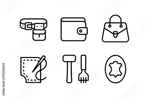 Leathercraft icons: wallet, bag, tools, belt in minimalist linear style