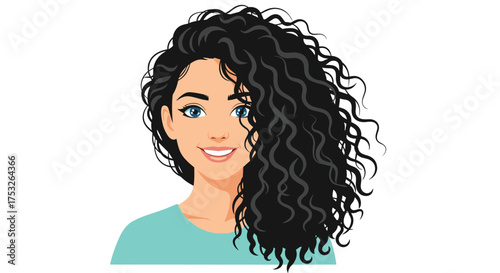 A smiling young woman with very long curly black hair on a white background.