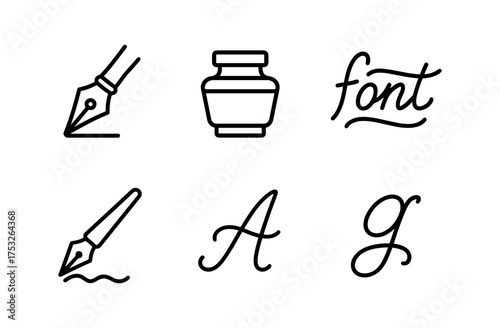 Minimalist ink and calligraphy tools with script fonts in linear style