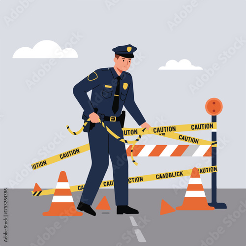 A law enforcement officer sets up caution tape and cones around an area