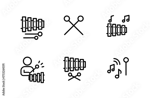 Minimalist xylophone music icons set with sticks and notes