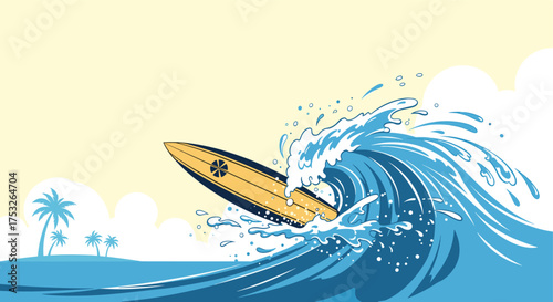 A surfer rides a big wave on a surfboard with palm trees in the background.