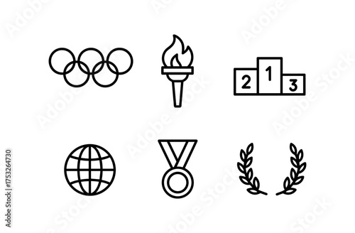 Olympic icons: torch, medals, laurel wreaths, and global symbols in linear style