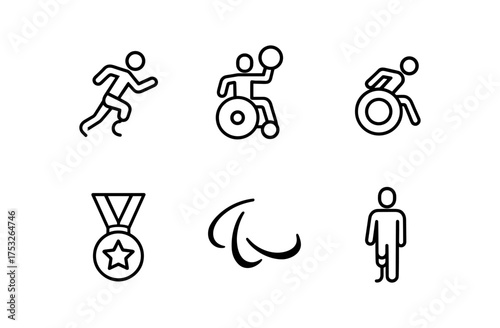 Paralympic sports icons: running, wheelchair basketball, medal, logo, paralympian