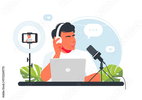 Podcast Recording Young Man Broadcasting with Laptop