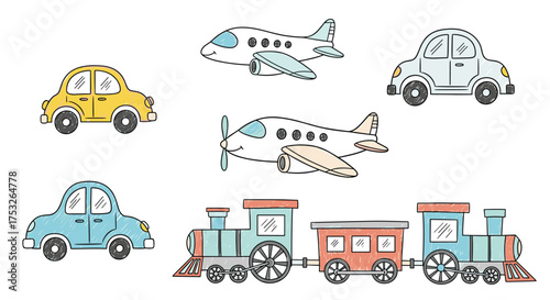A collection of various modes of transportation including cars airplanes and a train.