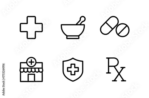 Minimalist medical icons set featuring pharmacy, medicine, and health symbols
