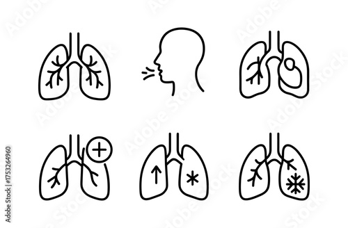 Simple lung health icons showing breathing and respiratory functions
