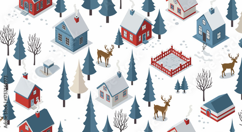 Charming winter village scene with deer in snowy forest landscape