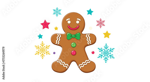 A delightful gingerbread man surrounded by colorful festive snowflakes and stars