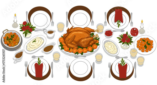Festive holiday feast table with turkey and traditional side dishes