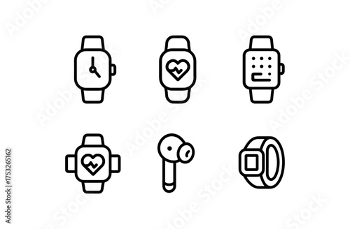 Minimalist smartwatch and earbud icons set in linear style