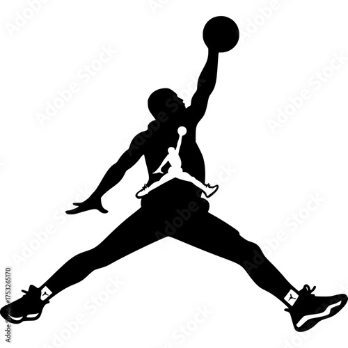 Silhouette in Motion: An iconic figure in mid-air, poised to execute a perfect slam dunk with a basketball. A representation of athleticism and the essence of soaring dreams.