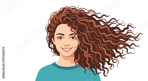 A smiling young woman with long flowing brown curly hair against a white background.