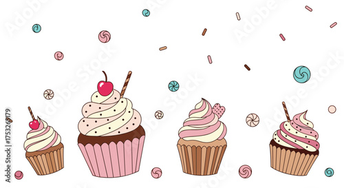 Cute cupcakes with sweet frosting and festive confetti decorations.