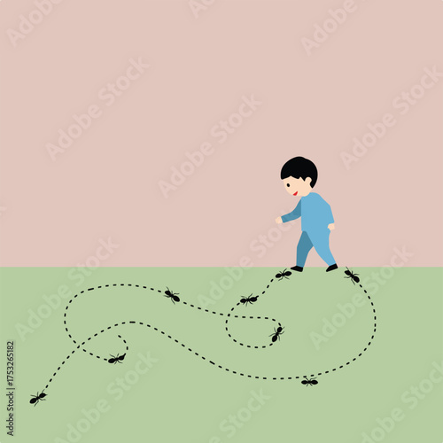 Child follows a trail of ants through a field with a pink sky background