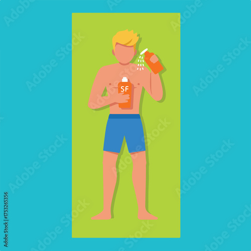 Person applying sunscreen lotion while lying on a towel