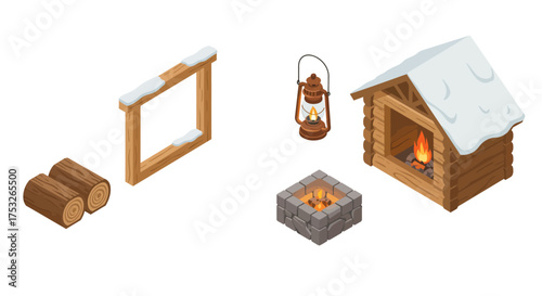 Cozy winter elements with fireplace and snow-covered cabin