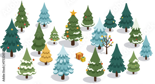 Festive christmas trees with gifts and decorations in isometric winter forest