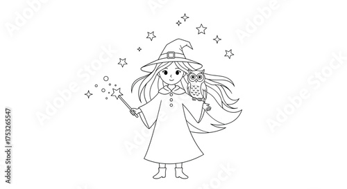 A young witch with long flowing hair casts a magical spell surrounded by twinkling stars.