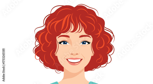 A cheerful woman with vibrant curly red hair and bright blue eyes smiles warmly showing her teeth.