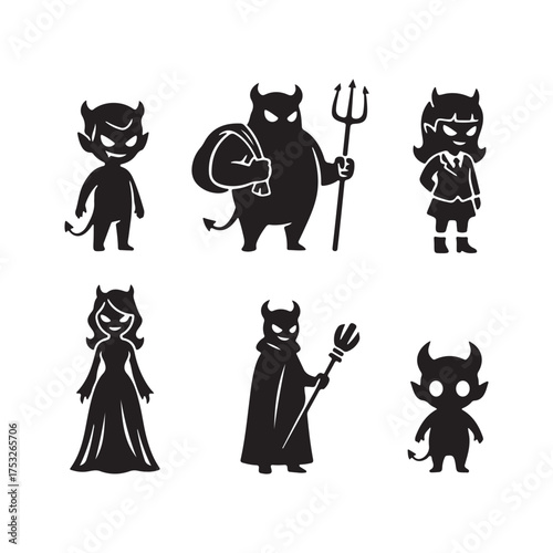 A collection of six distinct devil characters, each rendered in a solid black silhouette against a pure white background, showcasing diverse forms and poses for various creative applications.