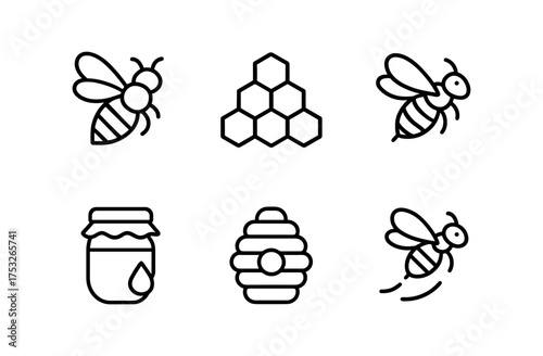 Minimalist bee icons: honeycomb, hive, and honey jar line art set