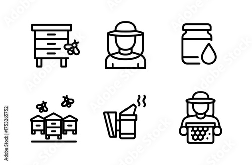 Minimalist beekeeping icons: hive, beekeeper, honey jar, bees