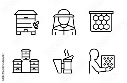Linear beekeeping icons: hive, beekeeper, honeycomb, smoker, apiary tools