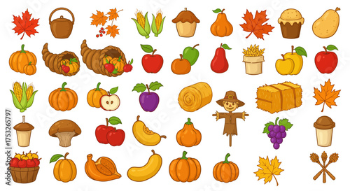 Autumn harvest collection with fruits, vegetables, and seasonal icons