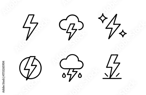 Minimalist lightning icon set with clouds and raindrops
