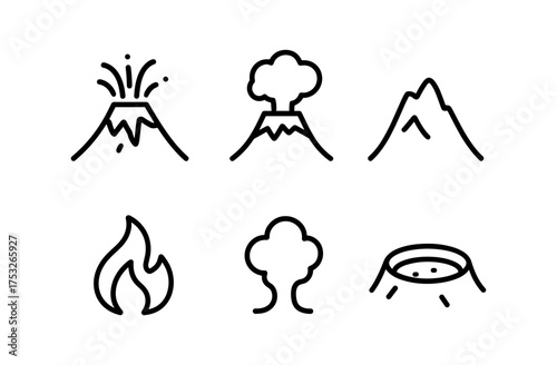 Volcano eruption and natural disaster icons in simple line art style