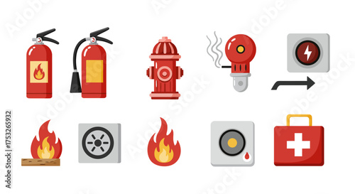 Fire safety equipment and symbols in flat style for emergency preparedness