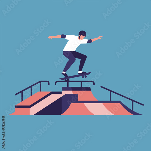 Skater performing a trick on a rail on a skate ramp