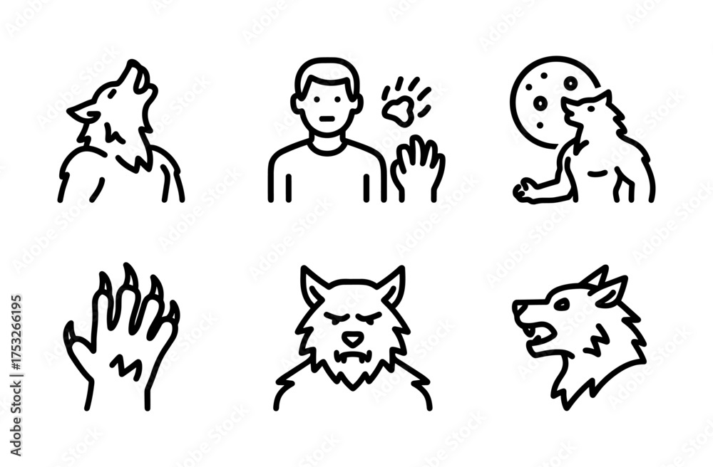 Fototapeta premium Linear werewolf icons set: howling, transformation, claws, full moon