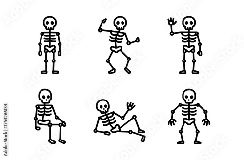 Playful skeleton silhouettes in various fun poses for halloween designs