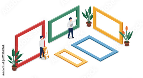 Isometric art gallery with framed pictures and potted plants