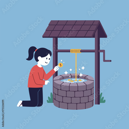 A child makes a wish by dropping a coin into a sparkling wishing well