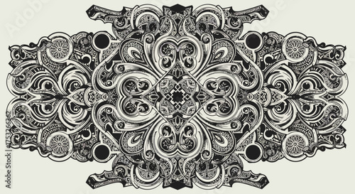 Intricate monochrome ornamental design with symmetrical patterns