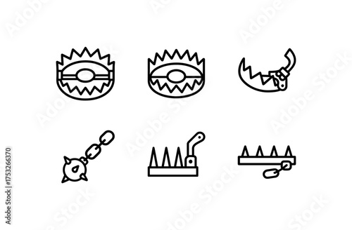 Set of linear trap icons: bear trap, jaw trap, spiked traps for hazard themes