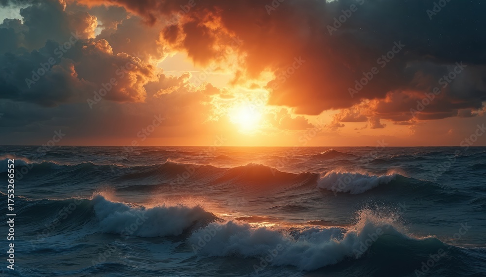 Fototapeta premium Golden sun descends over turbulent, stormy ocean. Massive waves crash violently, creating white foam, spray. Dramatic fiery orange clouds fill sky. Powerful marine landscape shows raw natural power,