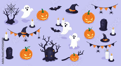 Fun halloween collection: ghosts, pumpkins, and spooky decorations in isometr…