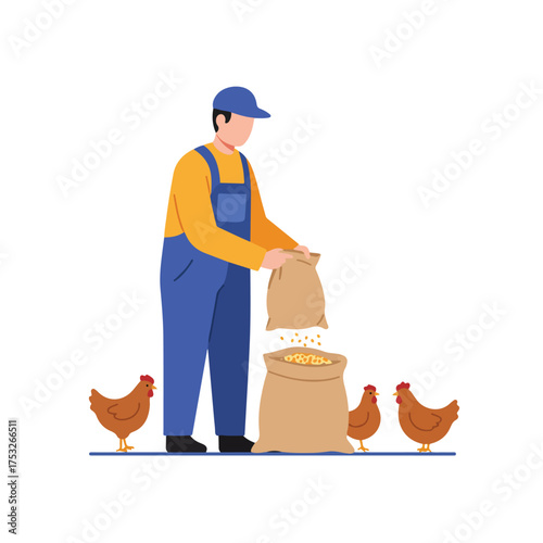 Farmer pours grain from a sack into a larger sack, with chickens nearby