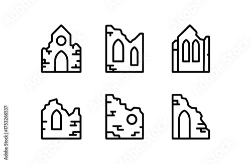 Simple linear icons of ancient ruins with brick wall details
