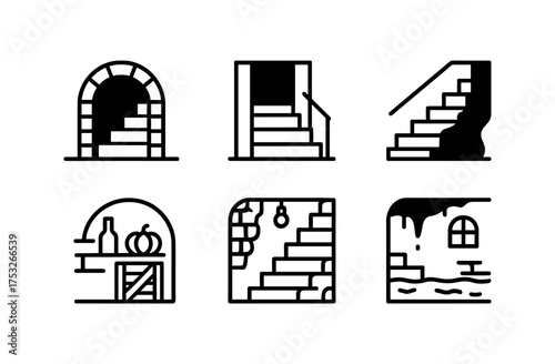 Minimalist basement stairs icons with arched and brick design elements
