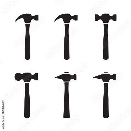 A collection of six distinct hammer icons, each showcasing a unique design and purpose, presented as black silhouettes against a pure white backdrop for clarity and versatility.
